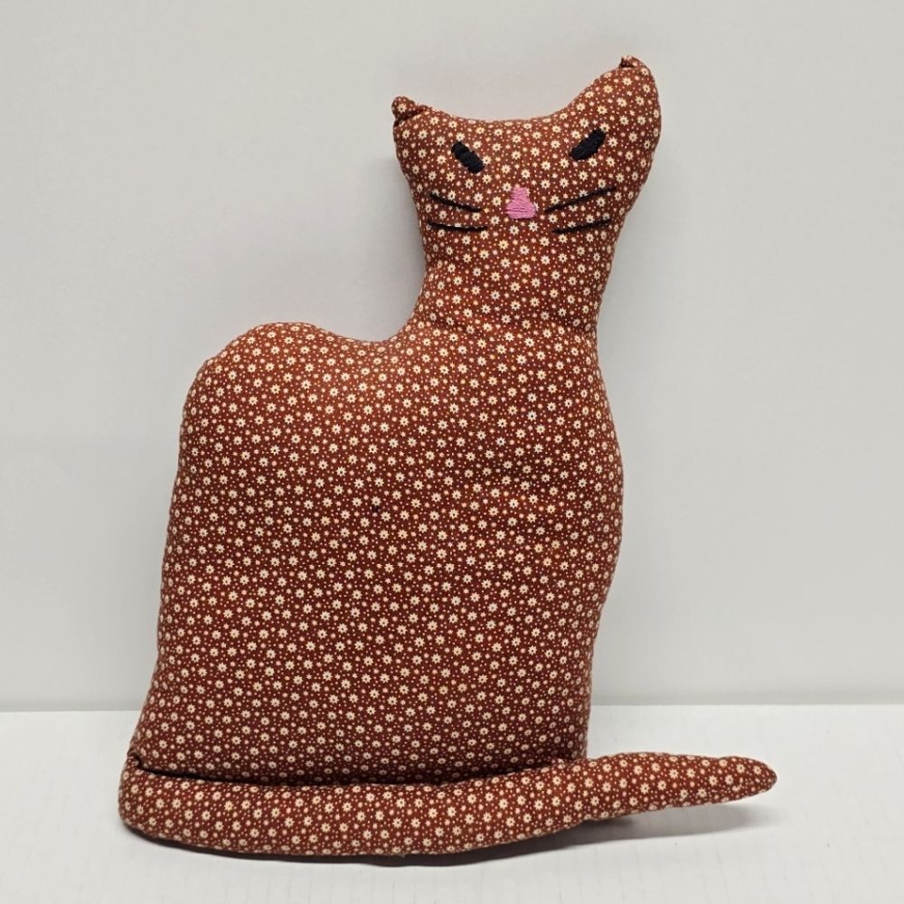 Handmade Plush Stuffed Brown Fabric Sly Cat 10" Folk Art Country Decor